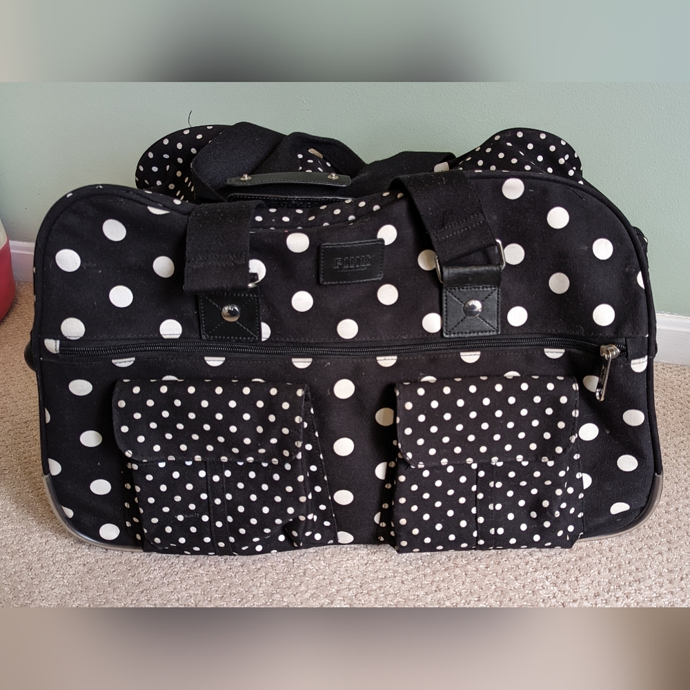 PINK polka dot wheelie luggage bag